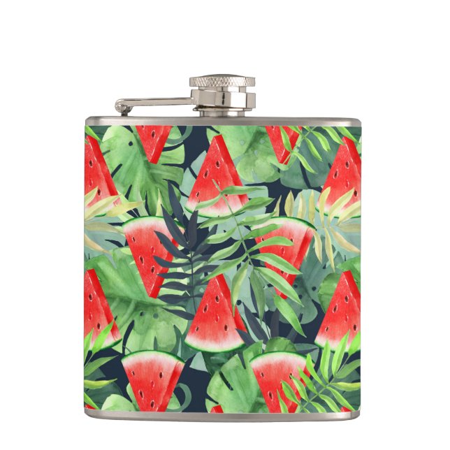 Wassermelonen mit tropischen Blätter Flachmann (Vorderseite)