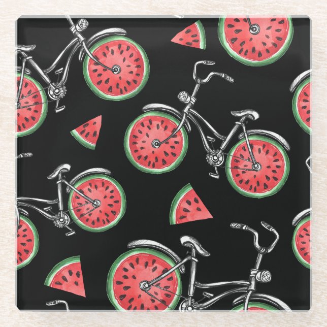 Wassermelonrad Fahrräder, Sommermuster. Glasuntersetzer (Vorderseite)