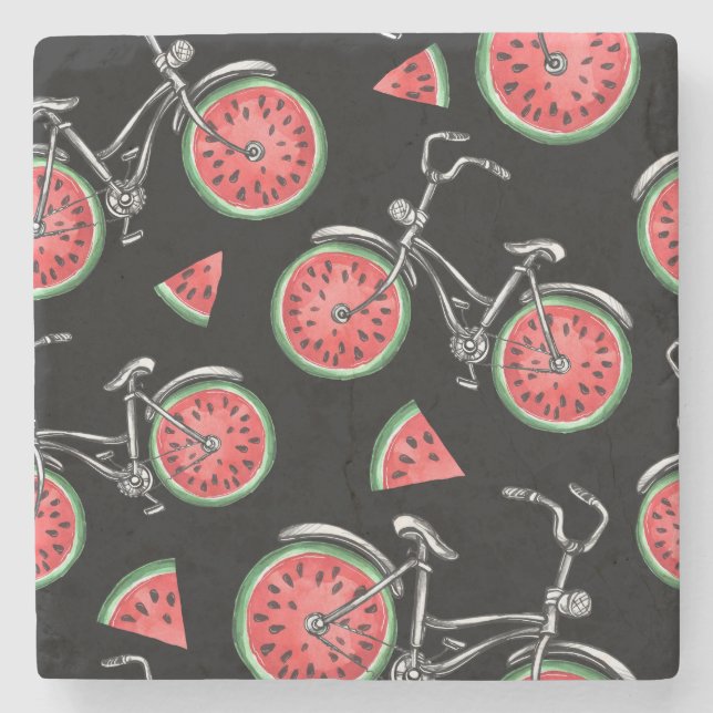 Wassermelonrad Fahrräder, Sommermuster. Steinuntersetzer (Vorderseite)
