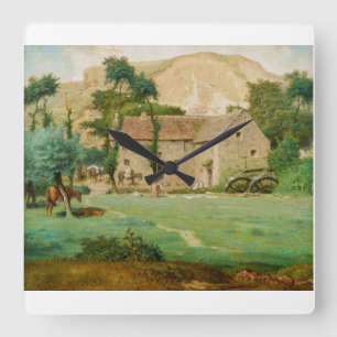 Wassermühle am Fuße eines Berges Quadratische Wanduhr
