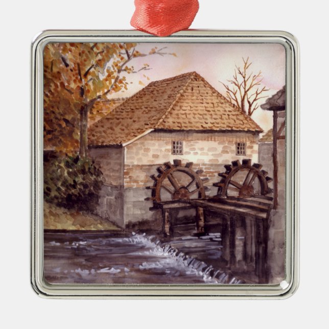 Wassermühle Aquarellmalerei von Farida Greenfield Ornament Aus Metall (Vorne)