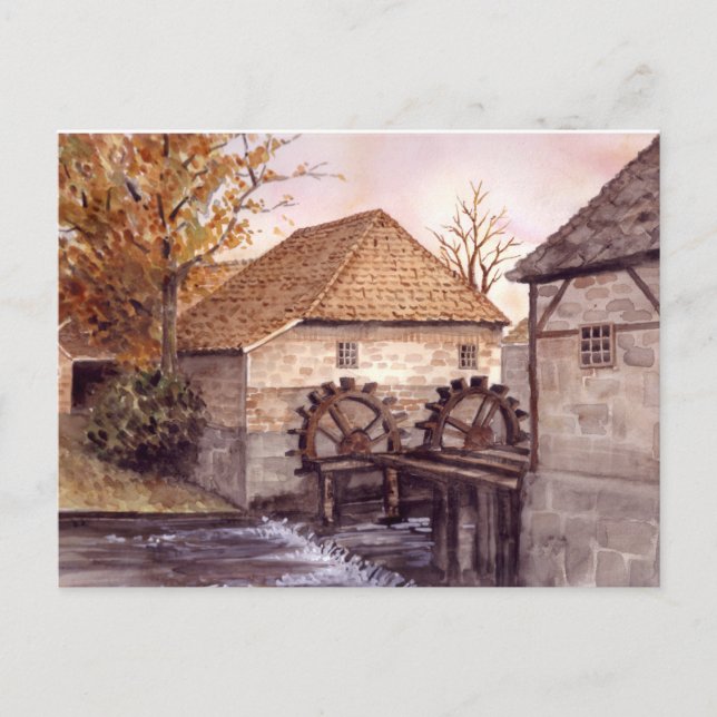 Wassermühle Aquarellmalerei von Farida Greenfield Postkarte (Vorderseite)