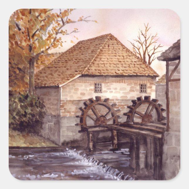 Wassermühle Aquarellmalerei von Farida Greenfield Quadratischer Aufkleber (Vorderseite)
