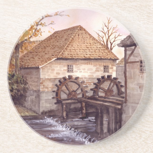 Wassermühle Aquarellmalerei von Farida Greenfield Sandstein Untersetzer (Vorne)