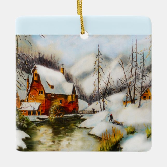 Wassermühle im Schnee Keramikornament (Vorderseite)