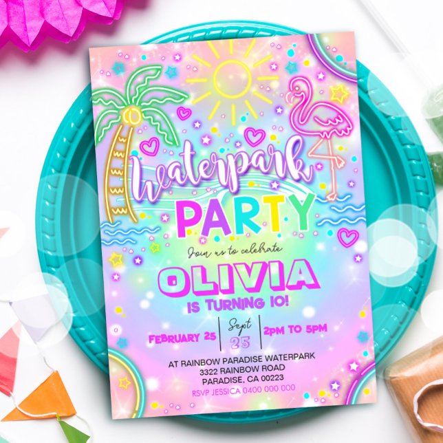 Wasserpark Party Einladung Nea Rainbow Wasserpark (Neon Waterpark Party Invitation)
