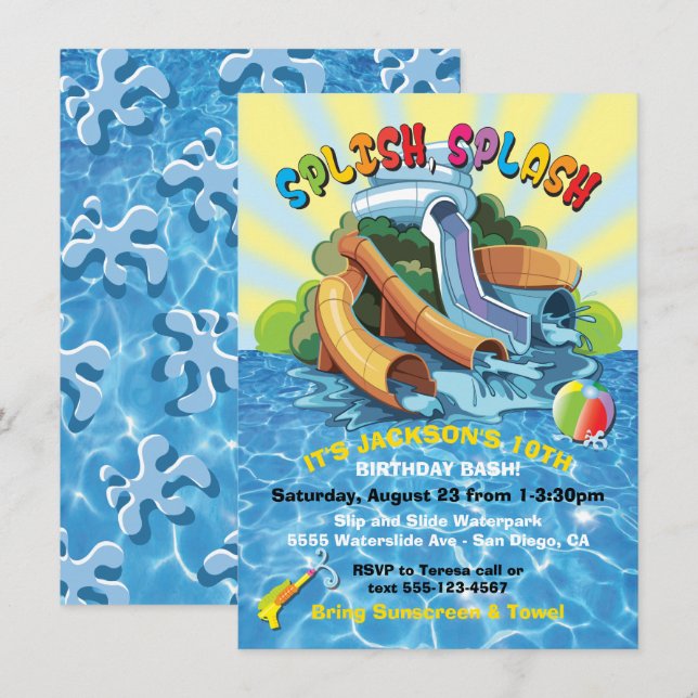 Wasserpark Wasserrutsche Pool Party Geburtstag Ein Einladung (Vorne/Hinten)