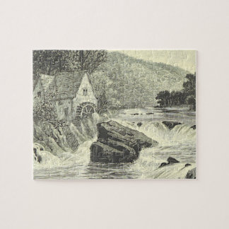 Wasserrad im Vintage-Look, Wasserfall-Szene Puzzle