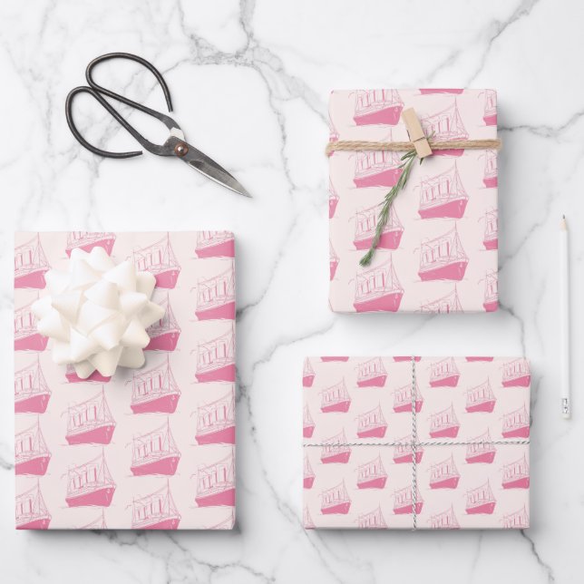 Wasserrosa und weißes Segelboot Geschenkpapier Set (Vorderseite)