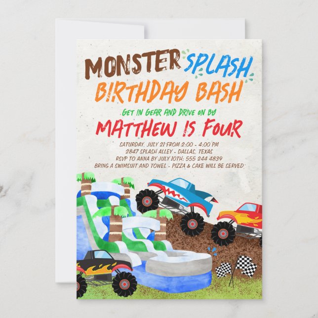 Wasserrutsche Monster Truck Geburtstag Einladung (Vorderseite)