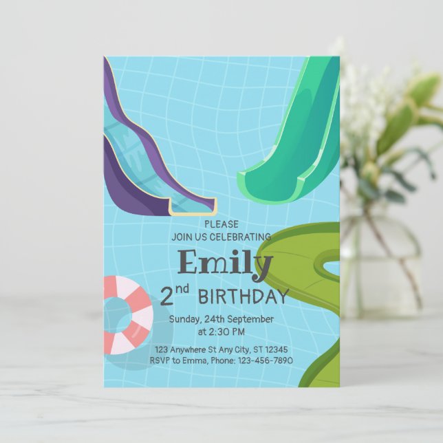 Wasserrutschen Pool Geburtstagsparty, Wasserrutsch Einladung (Stehend Vorderseite)