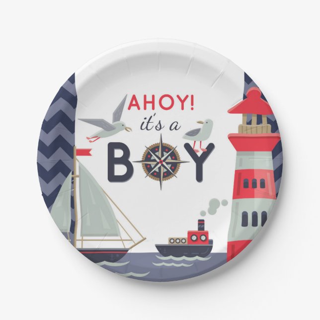 Wasserschiff Ahoy Baby Boy Showdusche Party Pappteller (Vorderseite)