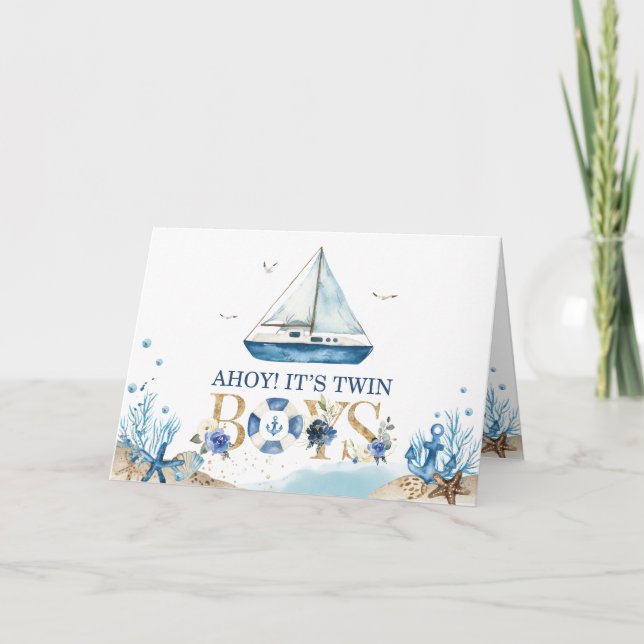 Wasserschiff Ahoy Es ist Twins Boys Baby Shower Dankeskarte (Vorderseite)