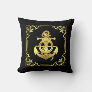 Wasserschiff/Bootsanker mit Schiffsrad - Gold Kissen