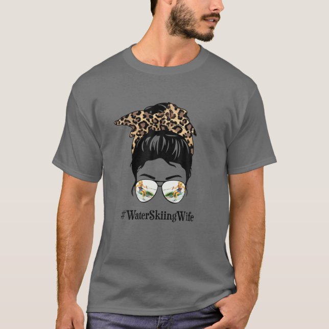 Wasserski Ehefrau Messy Hair Bun Leopard Frauen Mo T-Shirt (Vorderseite)