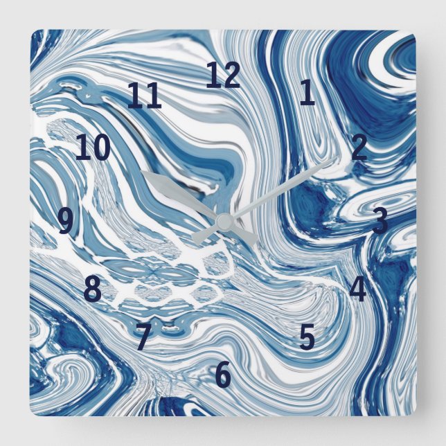 Wassersportwellen am Strand Aquarellblau Wirbel Quadratische Wanduhr (Vorderseite)