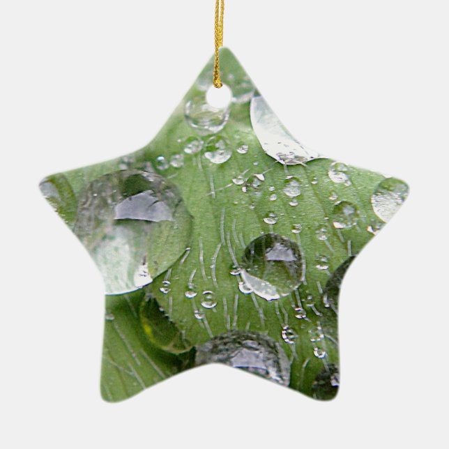 Wassertropfen auf grünem Blatt Keramikornament (Vorne)