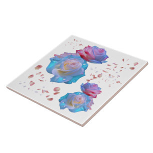 Wassertropfen auf rosa und blaue Rose auf Weiß   Fliese