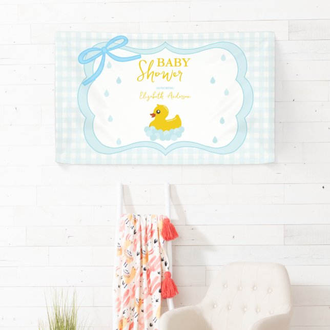 Wassertropfen Gingham-Junge-Baby-Party-Willkommen Banner (Insitu)