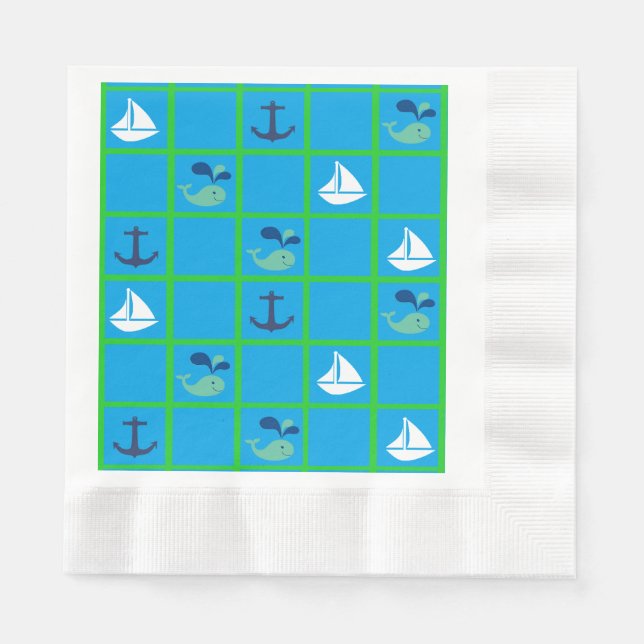Wasserwal, Segelboot, Anchor Blue Green Napkin Serviette (Vorderseite)