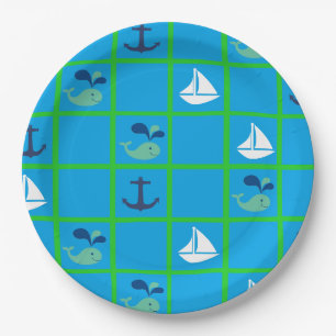 Wasserwal, Segelboot, Anchor Blue Green Tellers Pappteller