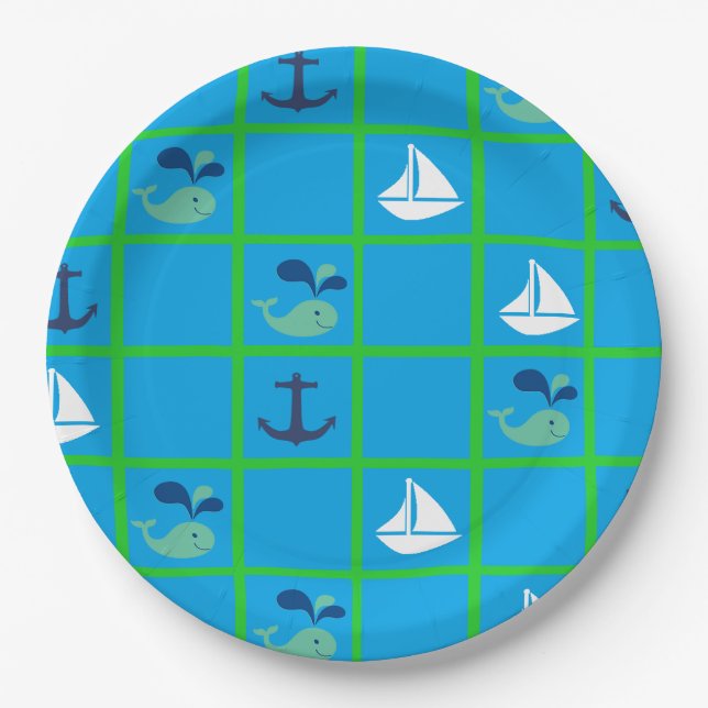 Wasserwal, Segelboot, Anchor Blue Green Tellers Pappteller (Vorderseite)