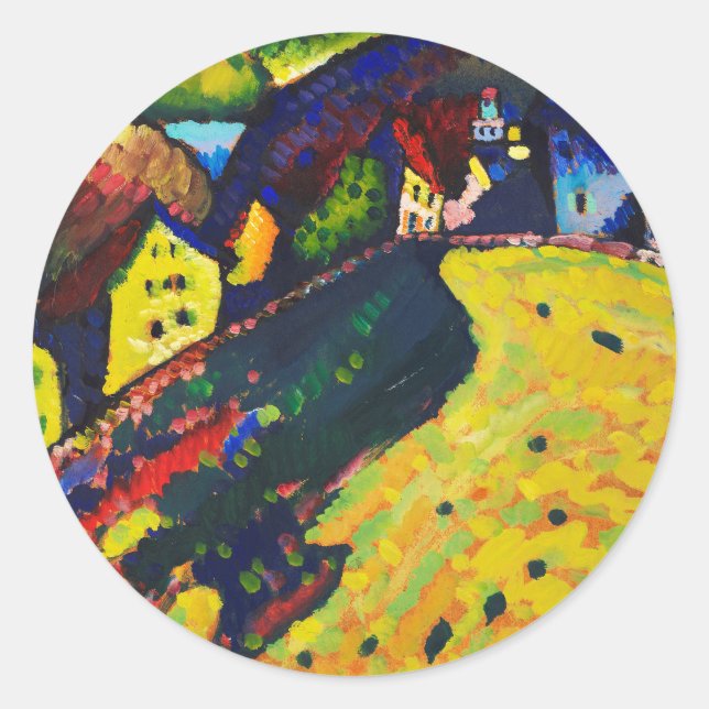 Wassily Kandinsky Houses at Murnau. Expressionismu Runder Aufkleber (Vorderseite)