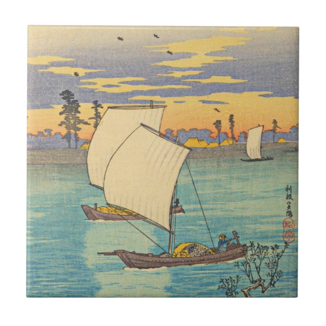 Watanabe Shotei-Sunset Glow am Tone River Fliese (Vorderseite)