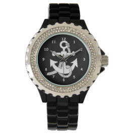 Watch - White Anchor auf Schwarz Armbanduhr