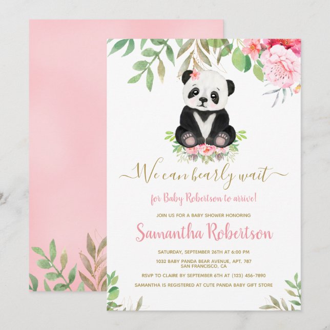 Watecolor Blush Pink Bear Girl Babydusche Bloral Einladung (Vorne/Hinten)