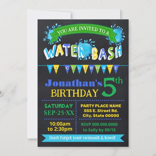 Water Bash Birthday Party Blue Green Chalkboard Einladung (Vorderseite)
