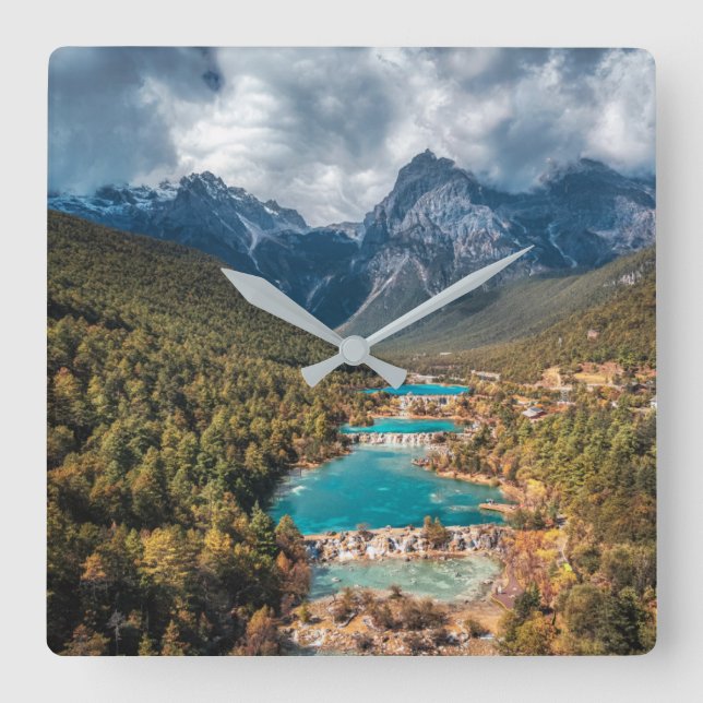 Water Blue Moon | Lake, China Quadratische Wanduhr (Vorderseite)