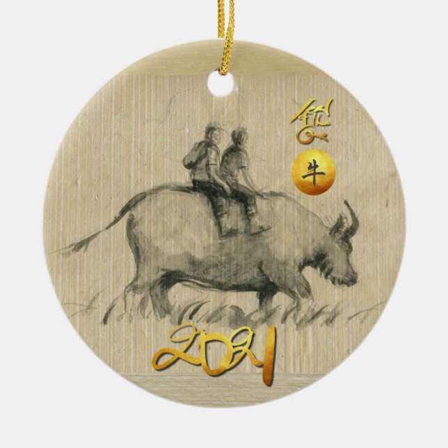 Water Buffalo Children Chinesisch Ox Year 2021 CRO Keramik Ornament (Vorne)