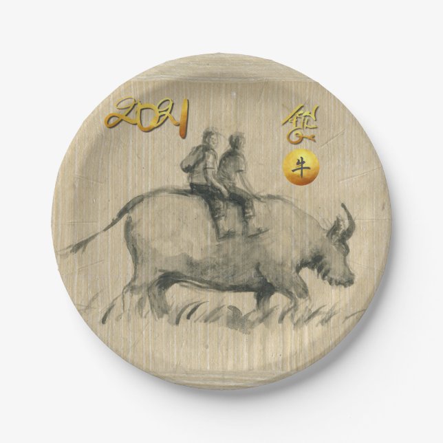 Water Buffalo Children Chinesisch Ox Year 2021 PP Pappteller (Vorderseite)