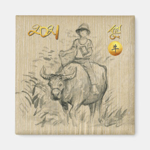 Water Buffalo Kid Chinesisch Ox Jahr 2021 SqRM Mag Magnet