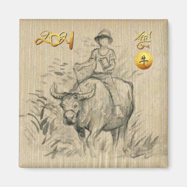 Water Buffalo Kid Chinesisch Ox Jahr 2021 SqRM Mag Magnet (Vorne)