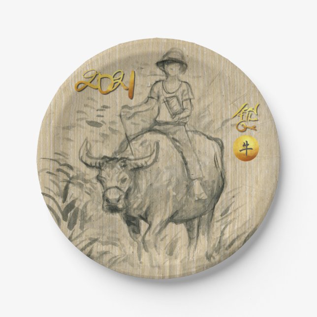 Water Buffalo Kid Chinesisch Ox Year 2021 PP Pappteller (Vorderseite)