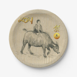 Water Buffalo Kind Chinesisch Ox Year 2021 PP Pappteller