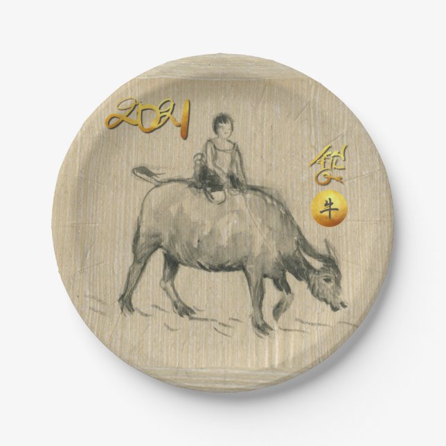 Water Buffalo Kind Chinesisch Ox Year 2021 PP Pappteller (Vorderseite)