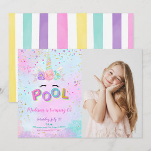 Water Color Unicorn & Pool Photo Invitation
