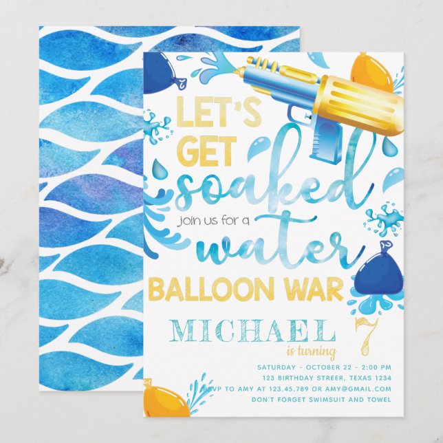 Water Gun Balloon War Boy Birthday Party Einladung (Vorne/Hinten)