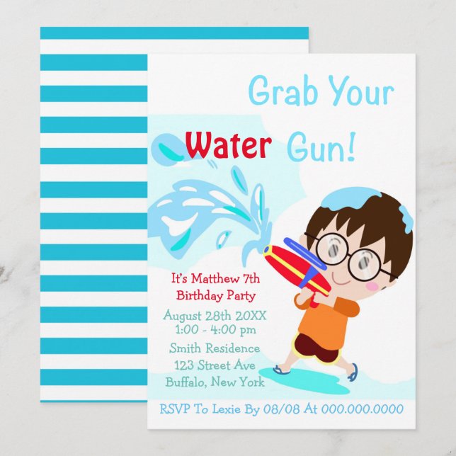Water Gun Boy Anniversaire Fête Invitations (Devant / Derrière)