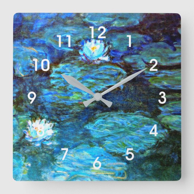Water Lilies Blue, Gemälde von Claude Monet Quadratische Wanduhr (Vorderseite)