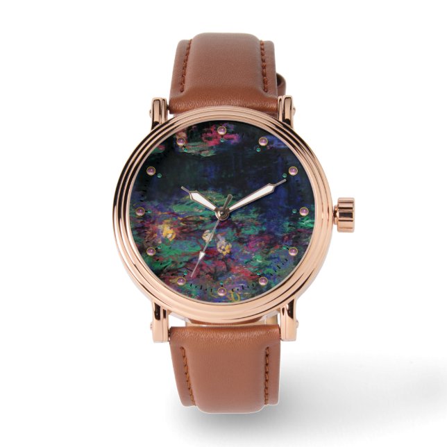 WATER LILIES GREEN POND Claude Monet Dark Floral Armbanduhr (Vorderseite)