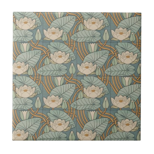 Water Lilies Lily Art Nouveau Natur Fliese (Vorderseite)