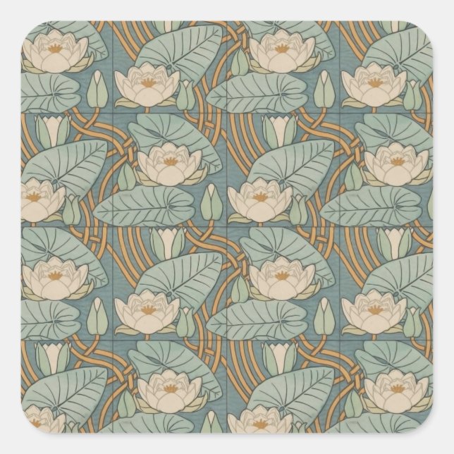 Water Lilies Lily Art Nouveau Natur Quadratischer Aufkleber (Vorderseite)