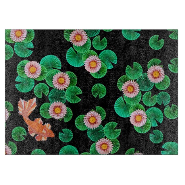 Water Lilies und Koi Fish Glass Cutting Board Schneidebrett (Vorderseite)