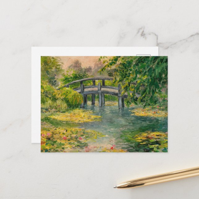 Water Lilies von Claude Monet, Bridge, Sunset Postkarte (Vorderseite/Rückseite Beispiel)