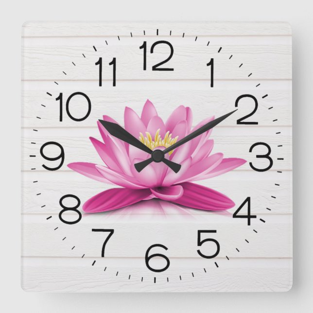 Water Lily On White Wood  Quadratische Wanduhr (Vorderseite)