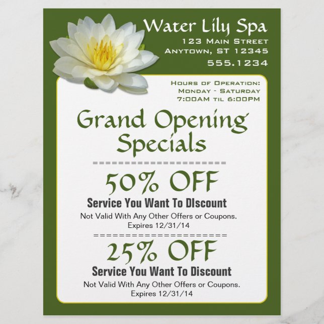 Water Lily Wellness-Center Coupon Flyer (Vorne)